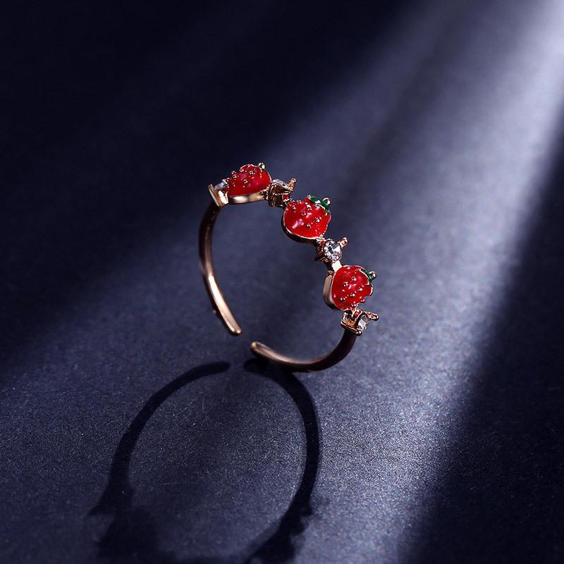 2026 Trendy Cute Sweet Red Strawberry Crystal Rings For Women Girls Korean Small Fresh Fruits Open Finger Ring Wedding Jewelry