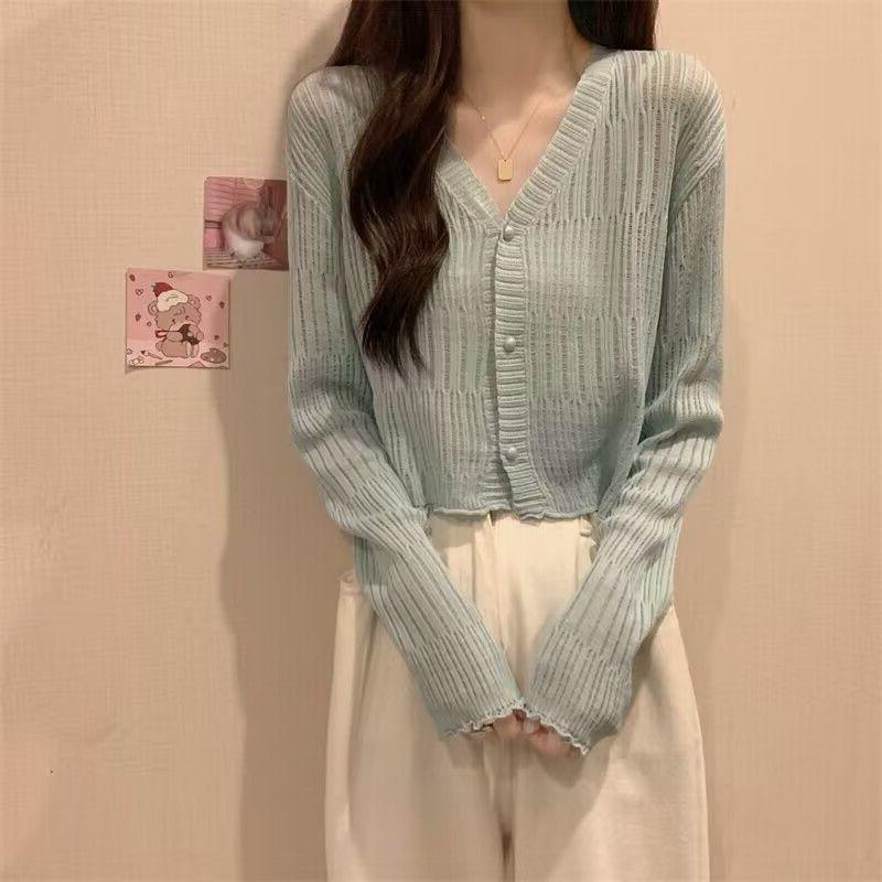 Mushroom Edge V-neck Long Sleeved Sun Protection Cardigan Women's Summer Short Top Thin Outer Layer Jacket