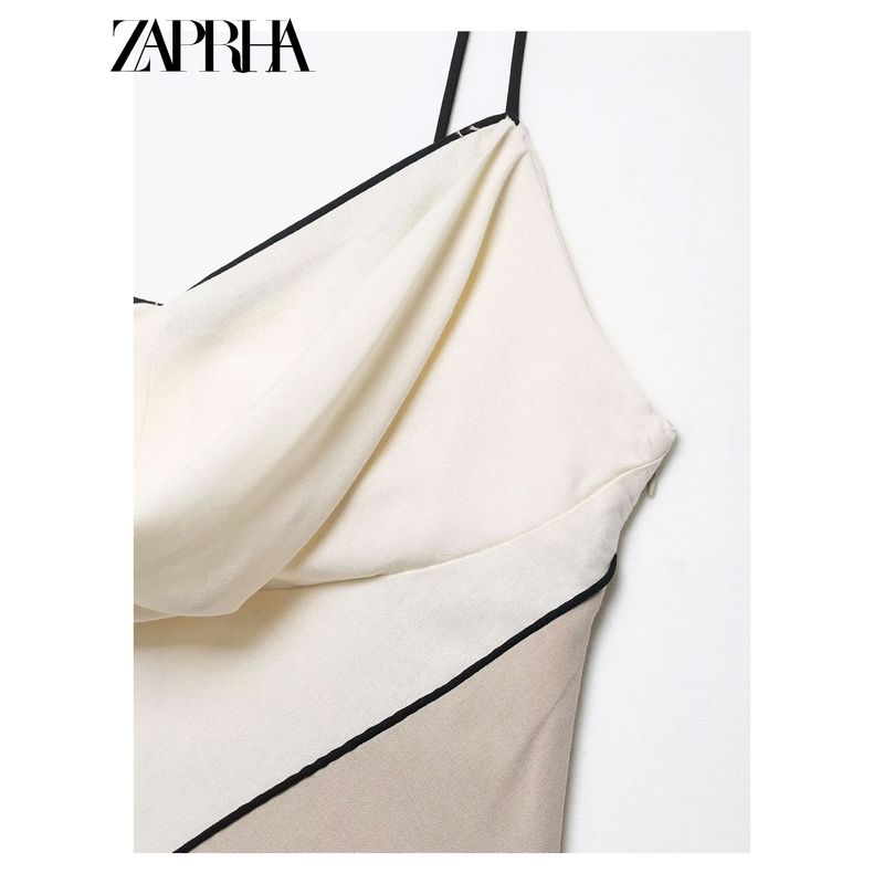 Zaprha 2025 New Arrival French Style Temperament Cinched Patchwork Pleated Drape V Neck Midi Skirt Sling Dress 5029116