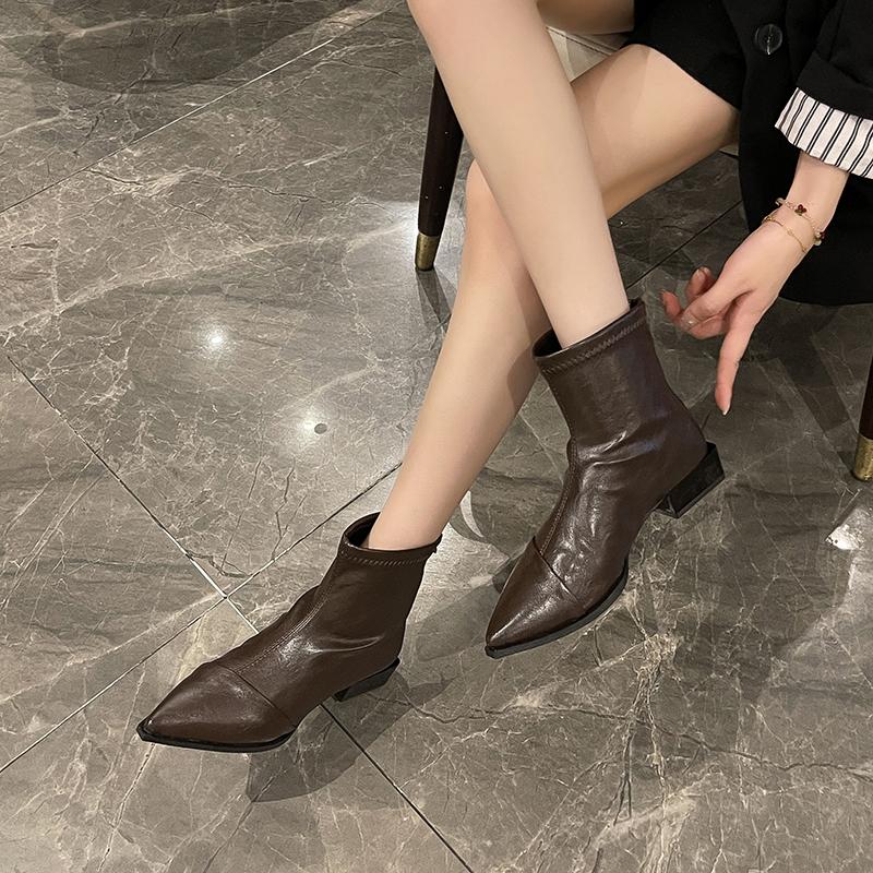 Pointed Toe Fashion Single Boots Women's Outside Wear Autumn and Winter New Spliced Versatile Block Heel Booties