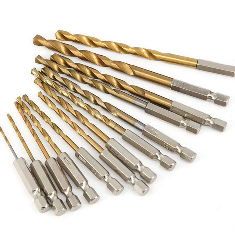 13Pcs HSS Aço de alta velocidade Titânio revestido Broca Bit Set 1/4 Hex Shank 1.5mm-6.5mm Hexagonal Handle Twist Broca