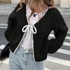 Women's V Neck Long Sleeve Knit Cardigan Regular Fit Elegant Bow Tie Front Solid Knit Cover Up Sweater