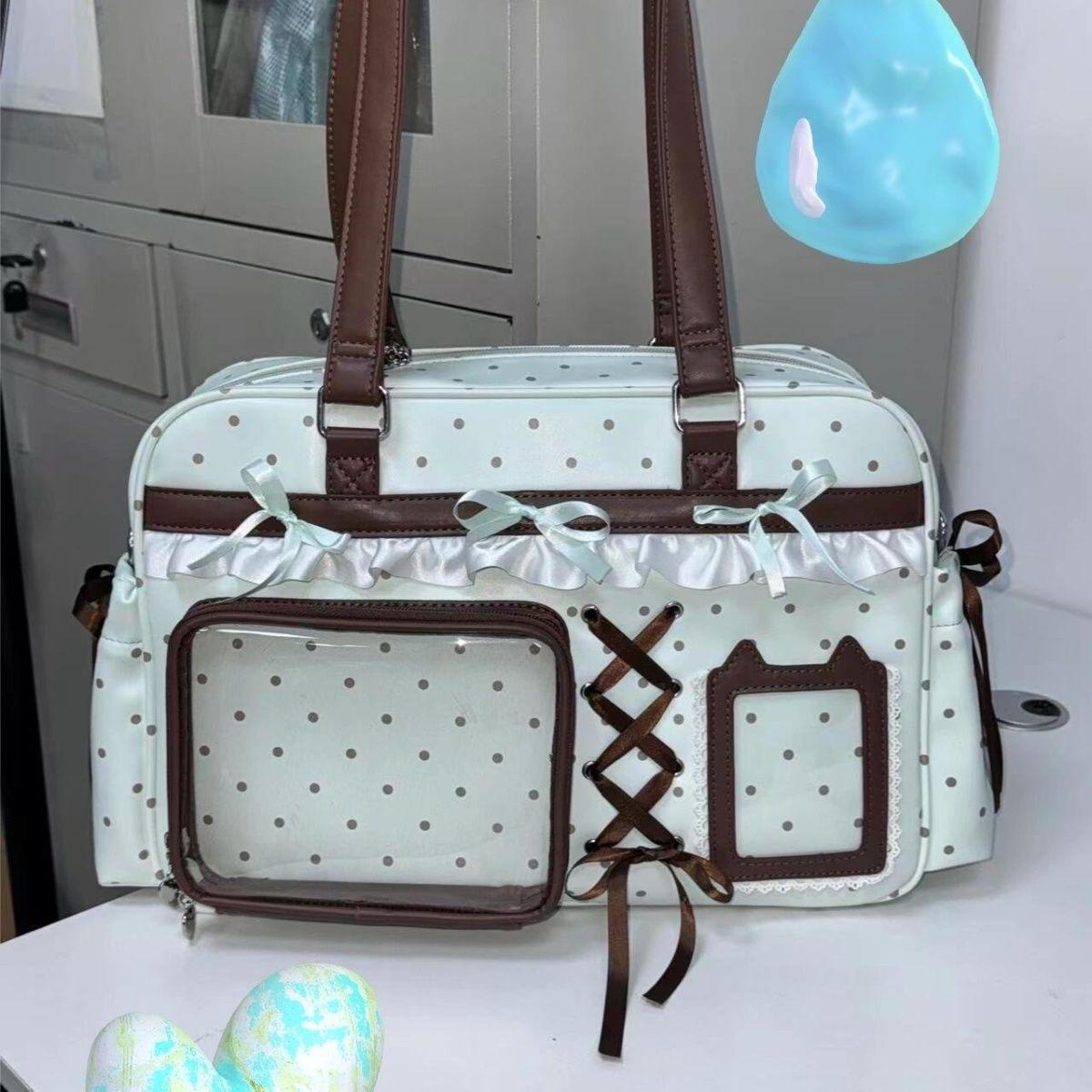 

Sweet Cute Bow Tote Bag Women Double Layer Large Capacity Pin Doll Display Ita Bag Ladies Green Polka Dot Harajuku Shoulder Bags зелений