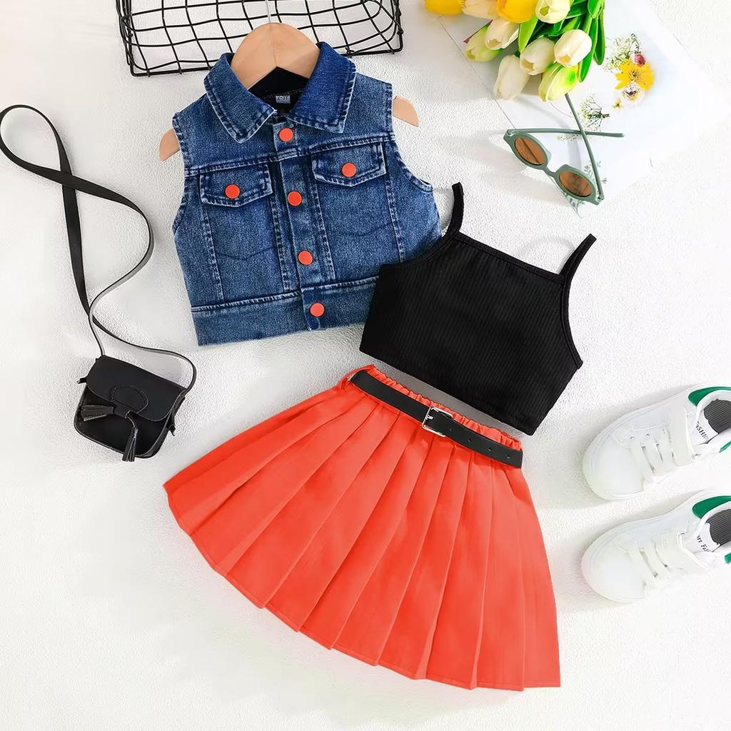 Neues Sommer-Denim-Westentop für Mädchen + Top + Grüner Rock 100% Rabatt + Gürtel Vier-teiliges Set