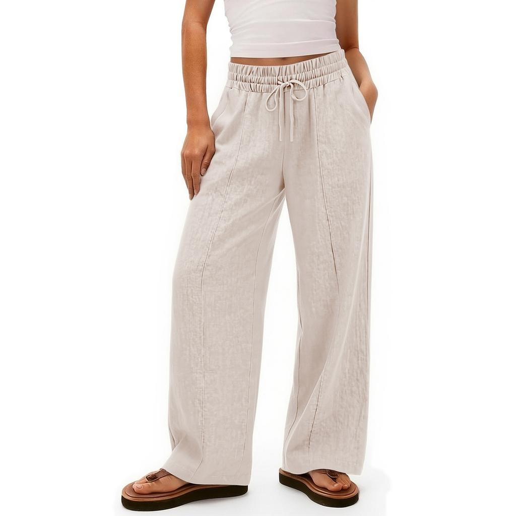 Linen Casual Wide Leg Pants For Women Elastic Waist Versatile Business Casual Work Palazzo Trousers With Pockets