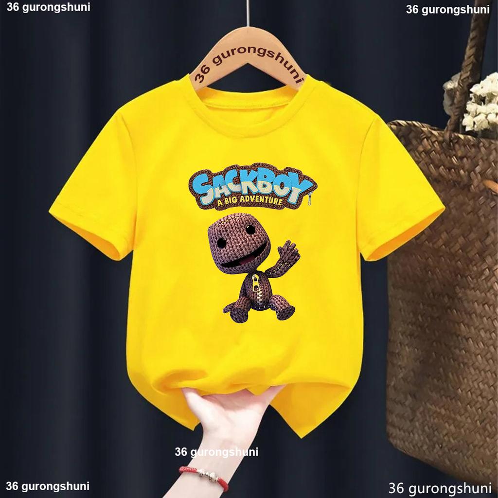 New Boys T-Shirt Funny Video Game Lbp Sackboy Cartoon Print Kid Tshirt Fashion Trendy Boys Clothes Summer O-Neck White Shirt Top