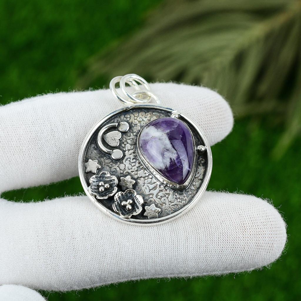 Gift For Her 925 Sterling Silver Natural Chevron Amethyst Gemstone Pendant
