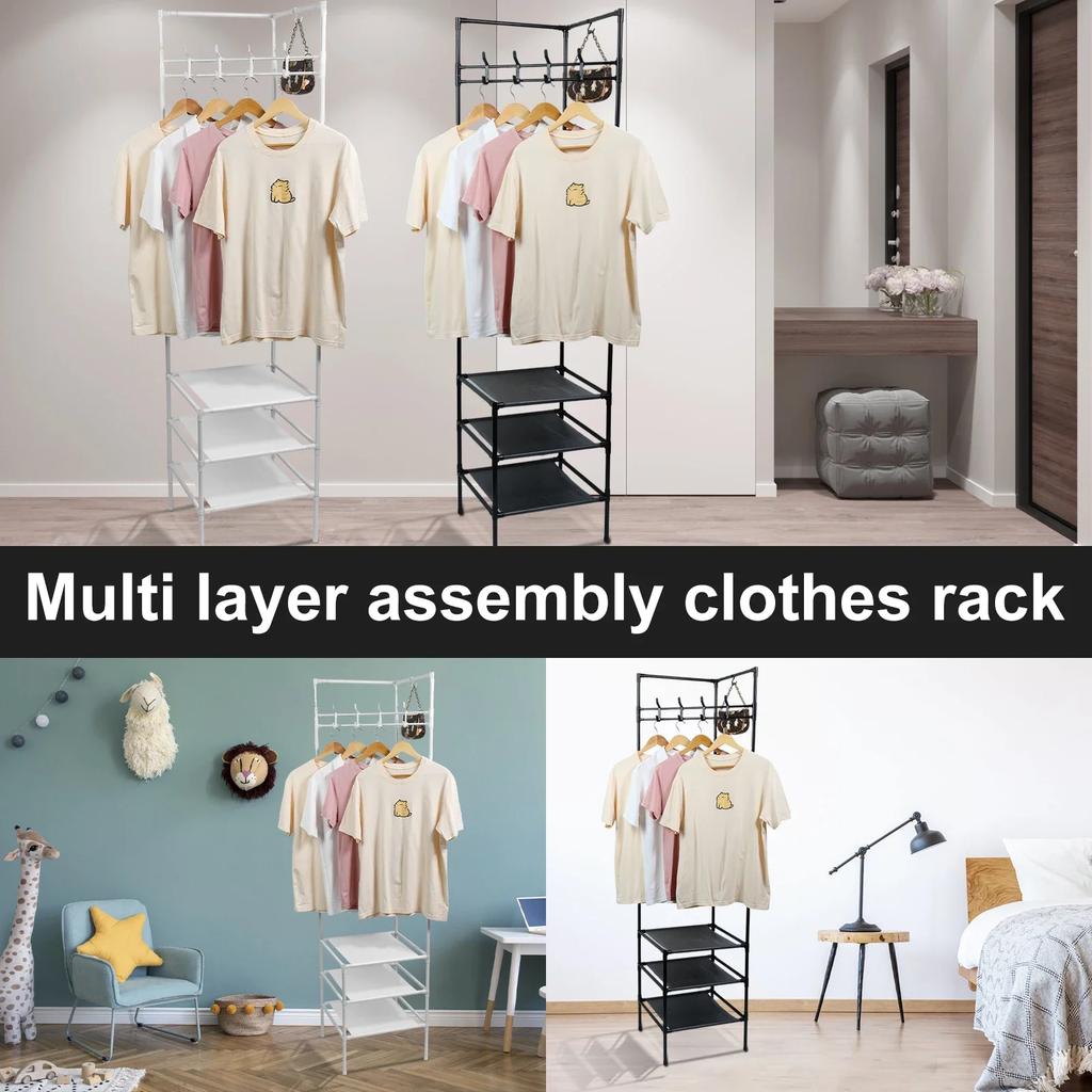 Rohový věšák na oblečení do ložnice Samostatný stojan na kabáty se 3patrovým botníkem, úložným prostorem a 10 pohyblivými háčky Kovový organizér