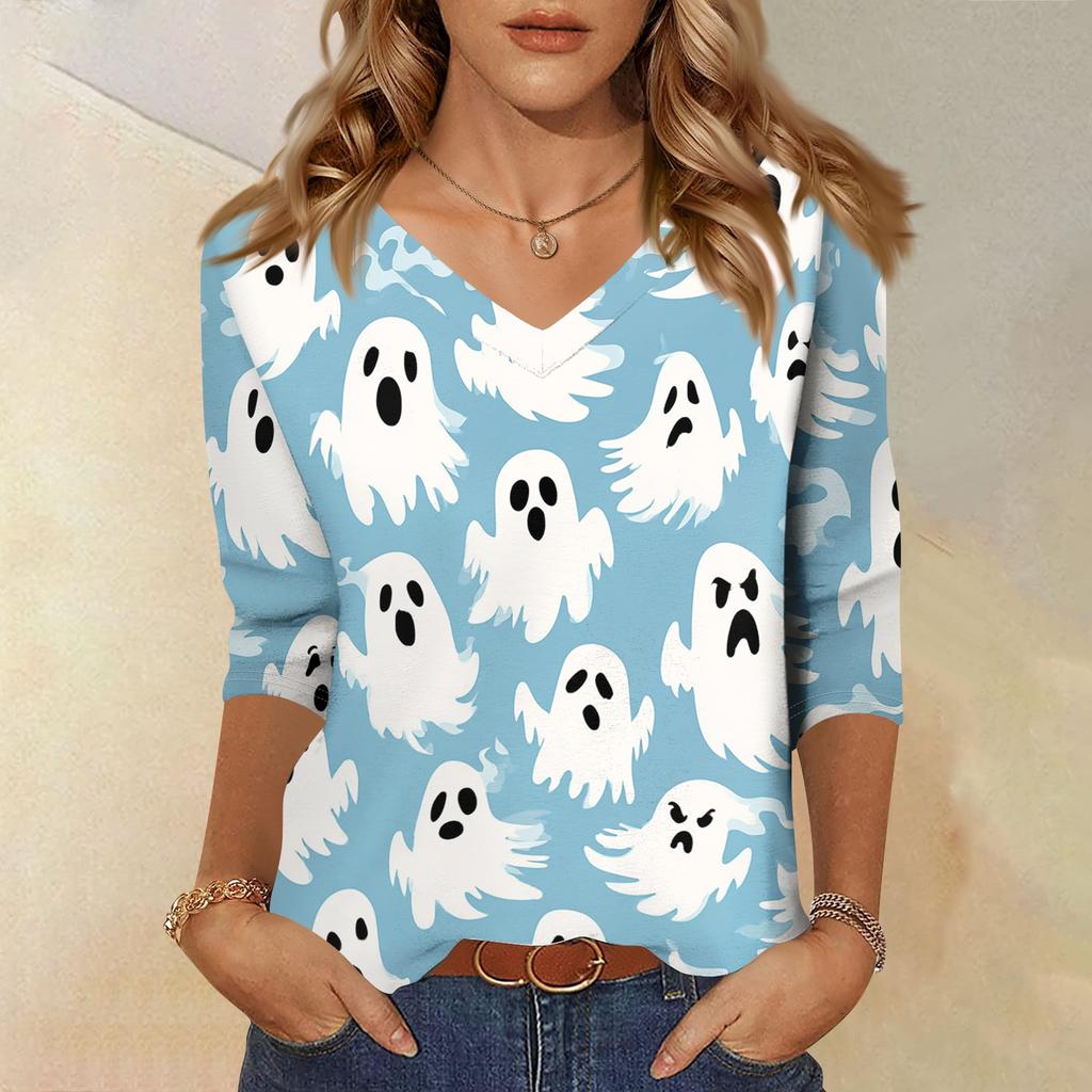 Women's Casual Halloween Print V Neck Three Quarter Sleeve Top Lightweight Loose Fit Pullover Shirt for Fall Seasonal Wear