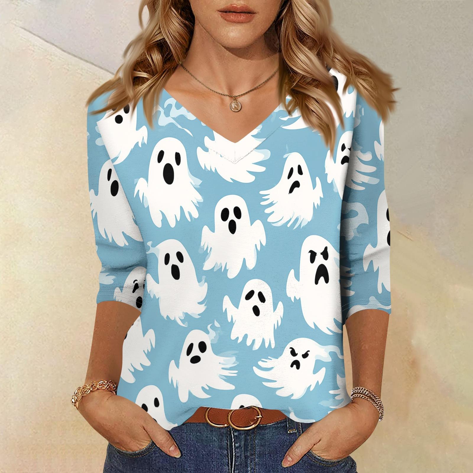 Women s Casual Halloween Print V-Neck Top with Three-Quarter Sleeves XXL