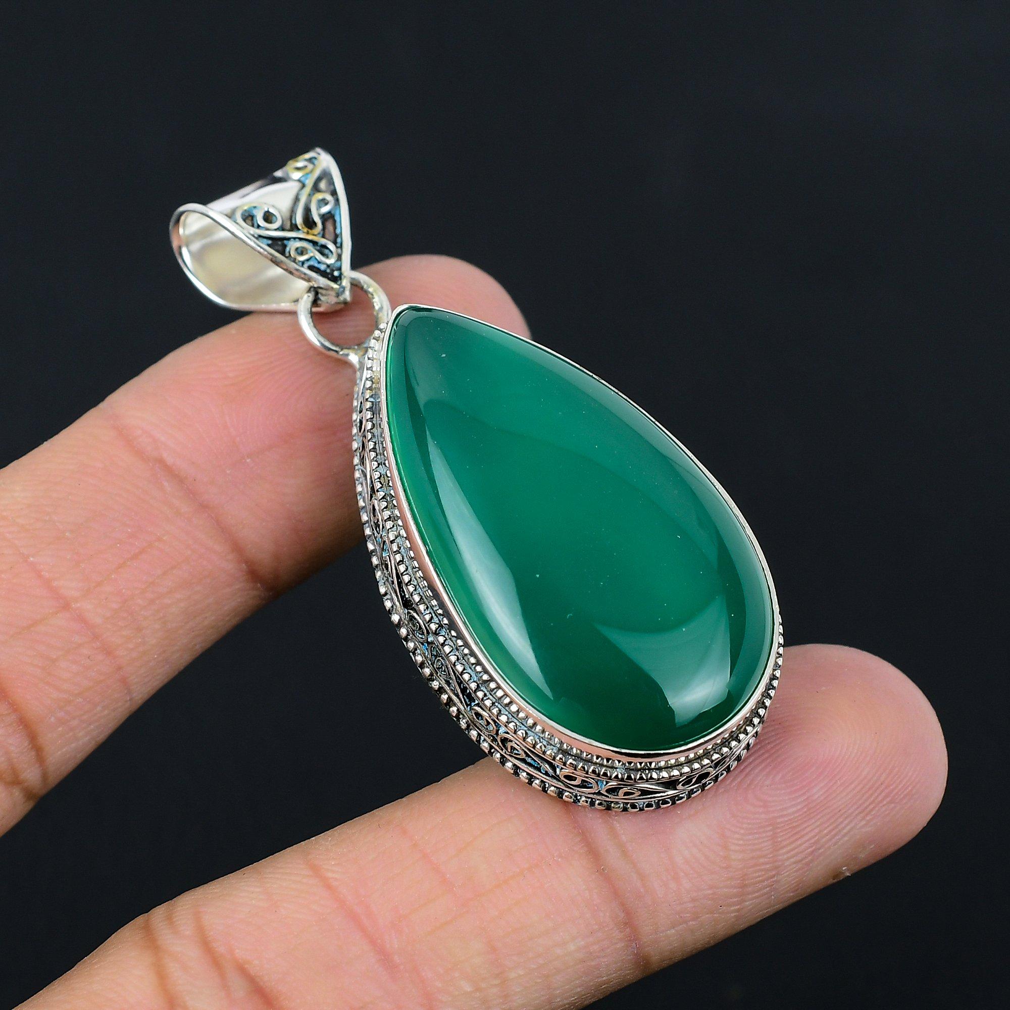 Sisters Day Deal Pear Green Onyx Gemstone 925 Sterling Silver Wedding Pendant