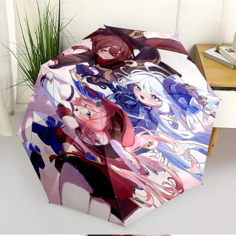 Genshin Impact Print Automatic Open Close Umbrella, Portable Foldable Umbrella, for Outdoor Commute Camping Trip, Ideal Birthday Gift
