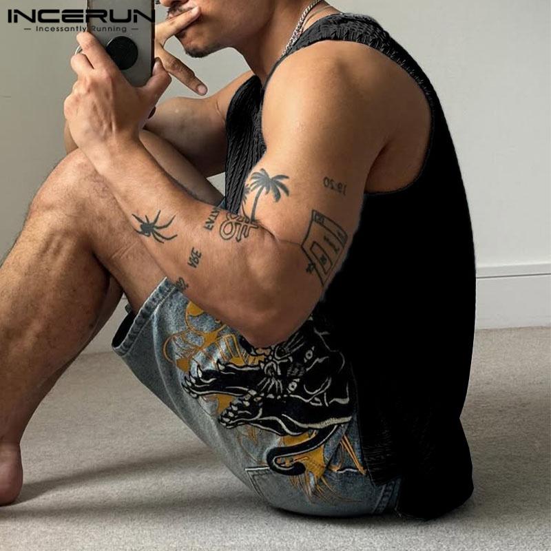 INCERUN Men Summer O-neck Sleeveless Texture Casual Sports Tank Tops T-shirts