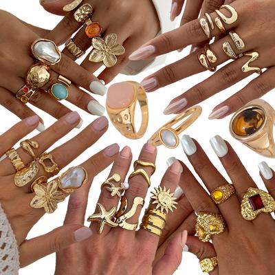 Cold Wind Irregular Gemstone Ring Set Female, Personalized Metal Texture Ring Rings