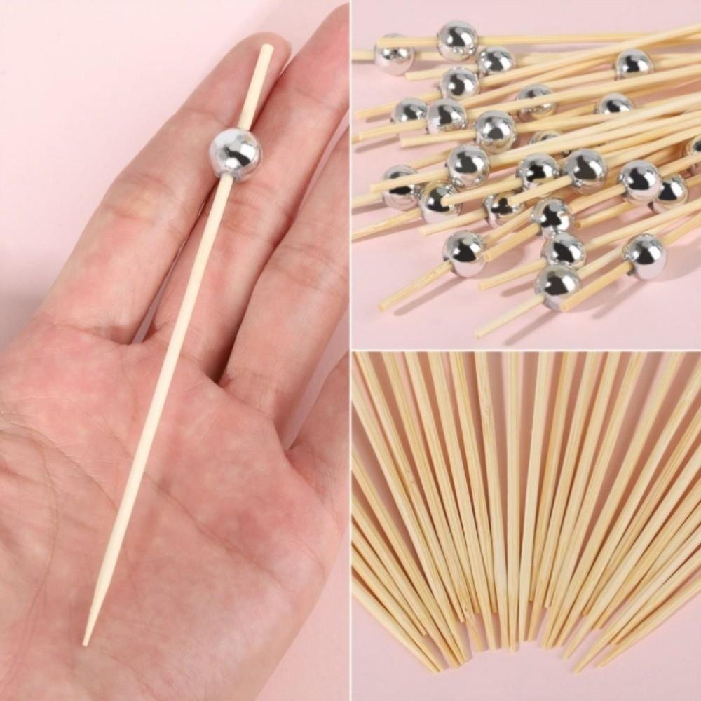 100pcs 12cm Length Bamboo Food Picks Disposable Versatile Pearl Fruit Picks Snack Fork Skewer Dessert Sticks Wedding Party