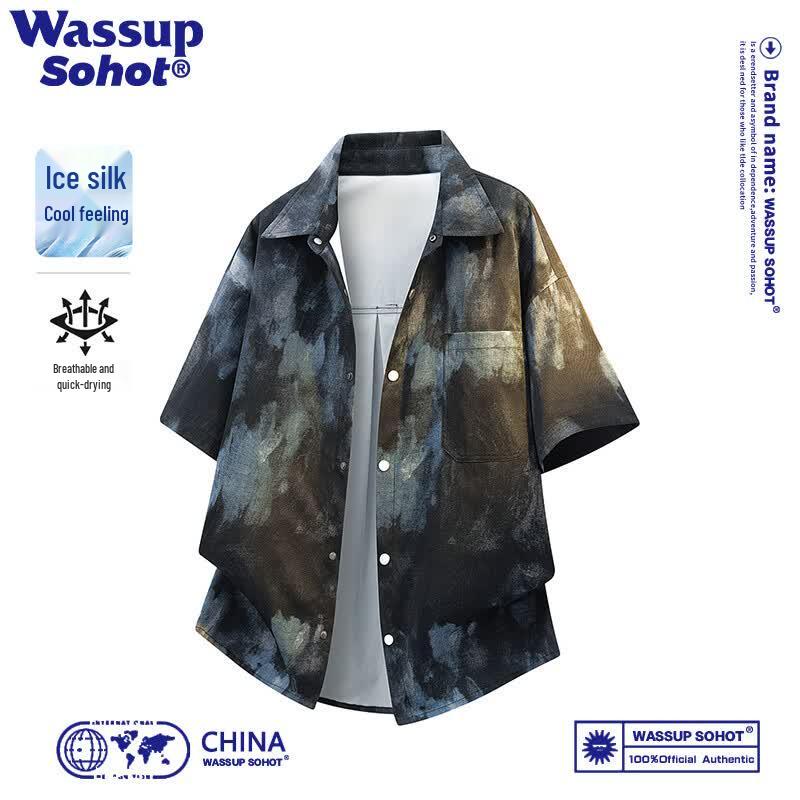 Wassup Sohot Men s Gradient Tie-Dye Ice Feel Short Sleeve Shirt L