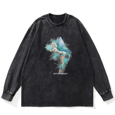 Streetwear Genie Grafik Gewaschenes Schwarzes T-Shirt Baumwolle Unisex Übergröße Langarm T-Shirt