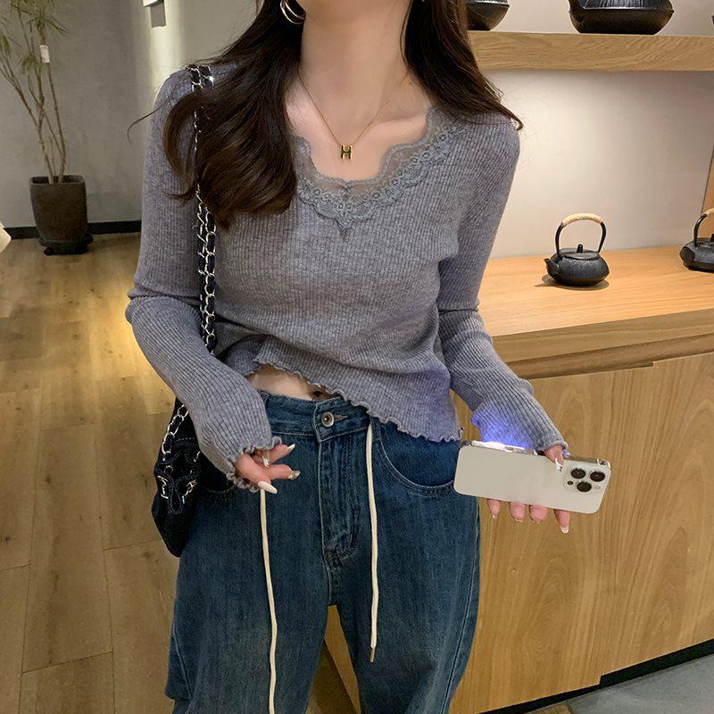 

Женский вязаный свитер с кружевной отделкой - Низкий вырез, Стильный для весны/осени Medium