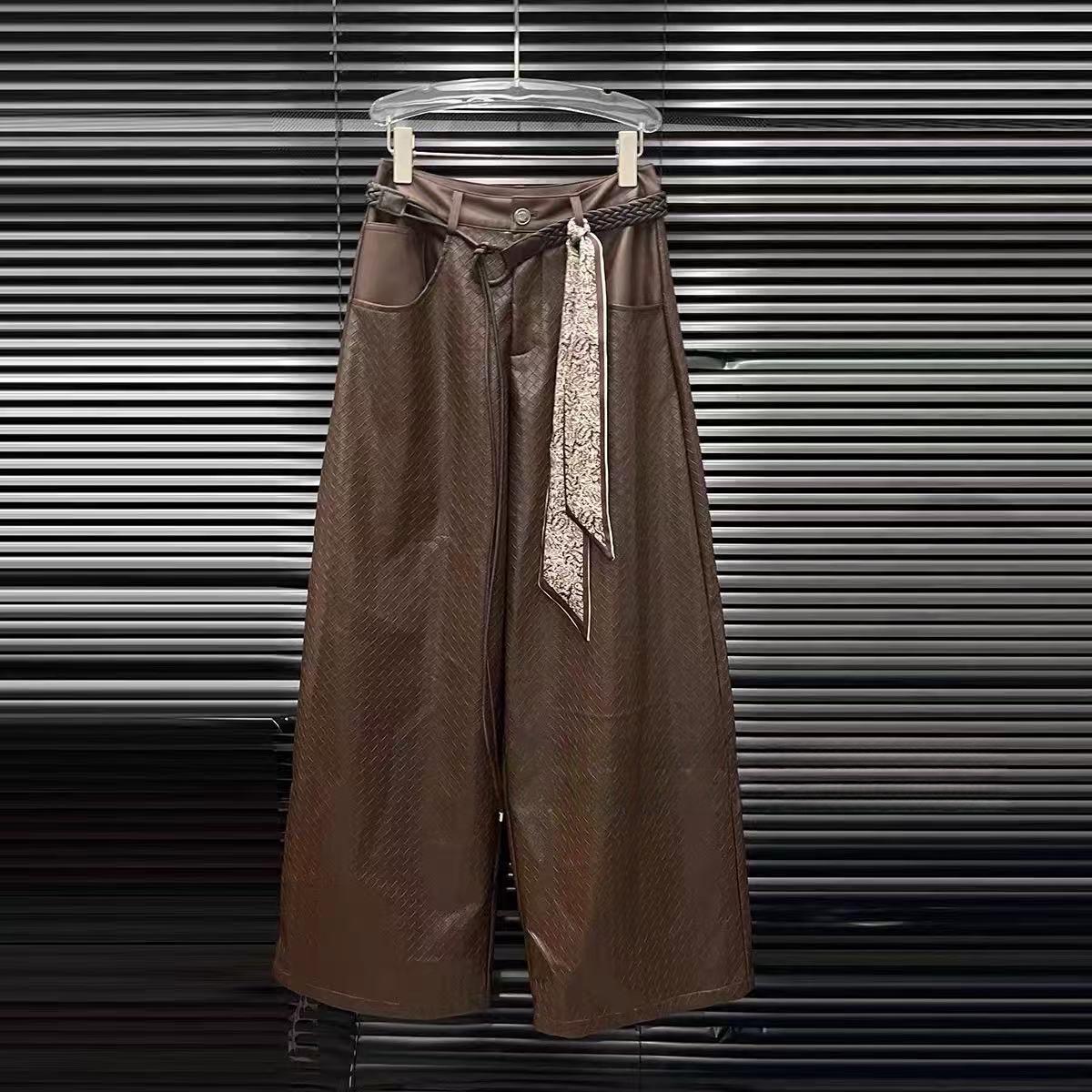 

2025 Autumn/Winter Retro Korean Woven Leather Pants with Silk Scarf Belt Small кофейный