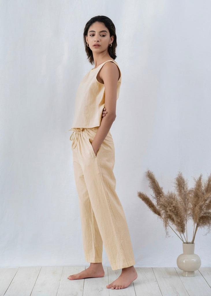 Linen Two Piece Set Women Cross Back Top Paperbag Pants Co-ord