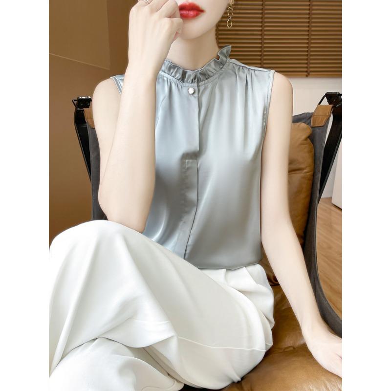 Women Beige Sleeveless Blouse With Ruffle Neck And Button Down Casual Silk Like Summer Top