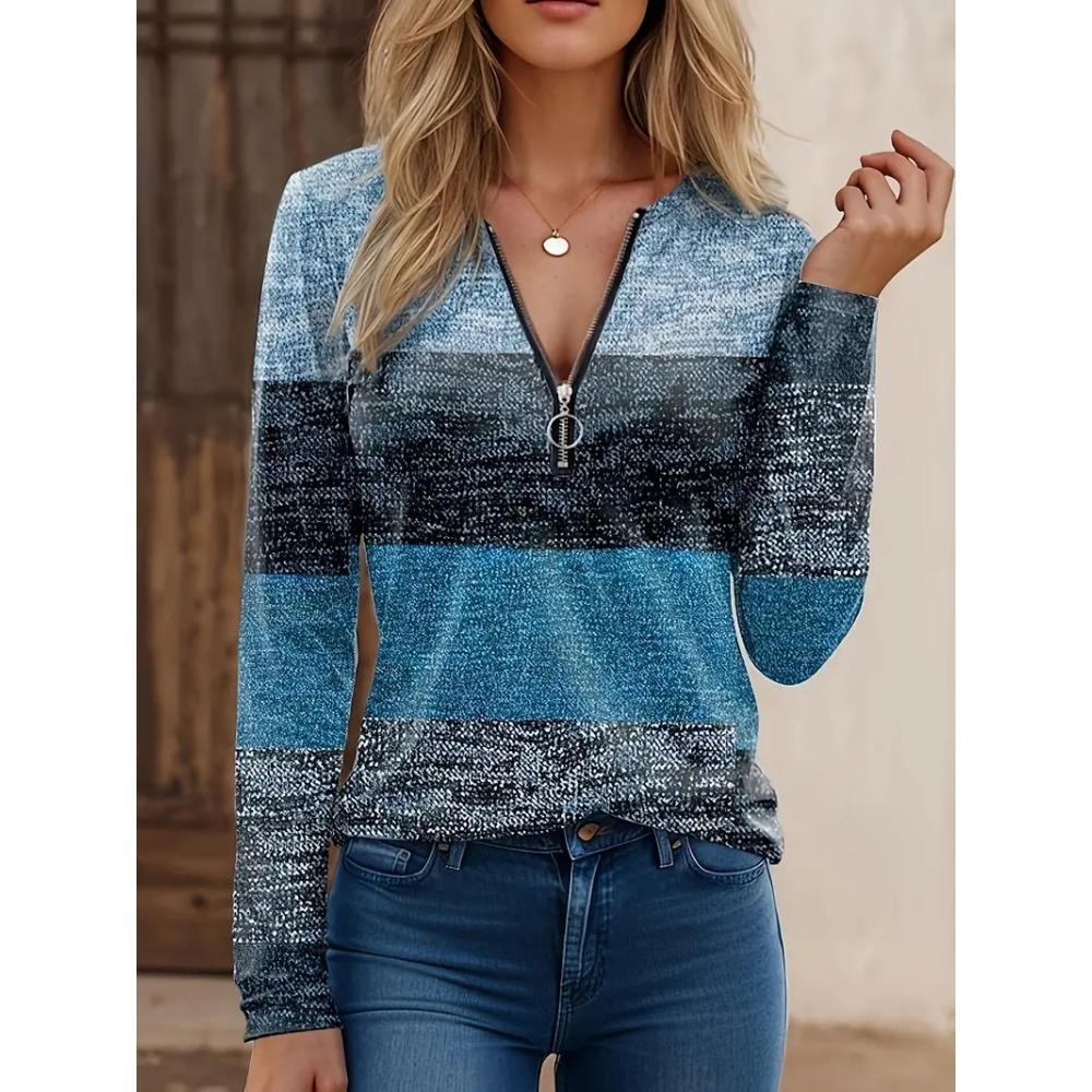 Women's Polo Shirt Striped Print Front Shoulder Long Sleeve Round Neck Loose Top