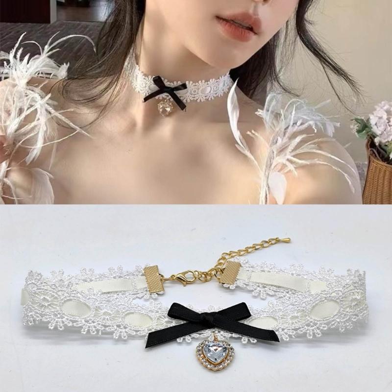 Fashionable Necklace Bowknot Heart Pendant Neckchain Adjustable Lace Choker Handmade Collarbone Chain Gifts for Women