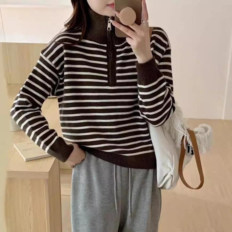 

Вязаный пуловер с ретро-полоской на лацкане и полумолнией, женский осенне-зимний свободный, универсальный и тонкий, в ленивом стиле. Average size 57-13