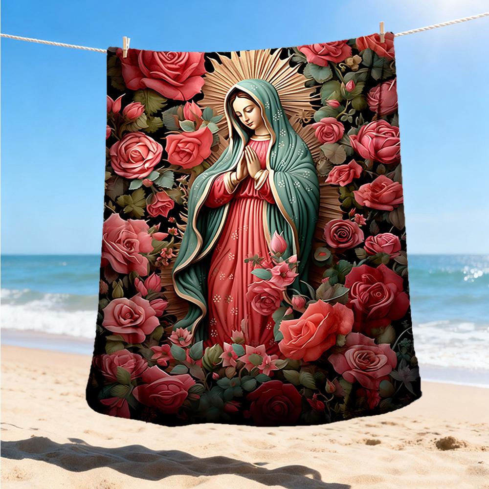 1pc Mary Floral Artwork Throw Blanket Polyester Fiber, Lightweight Flannel, Soft & Warm, All Season Use for Outdoor, Camping Digital Print