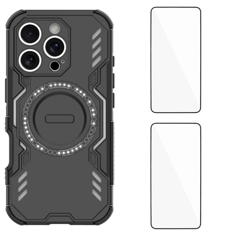 

For iPhone 16 Pro Max Magnetic Case WANLONFENG DJ Series PC TPU Phone Cover with 2Pcs Tempered Glass Film Black