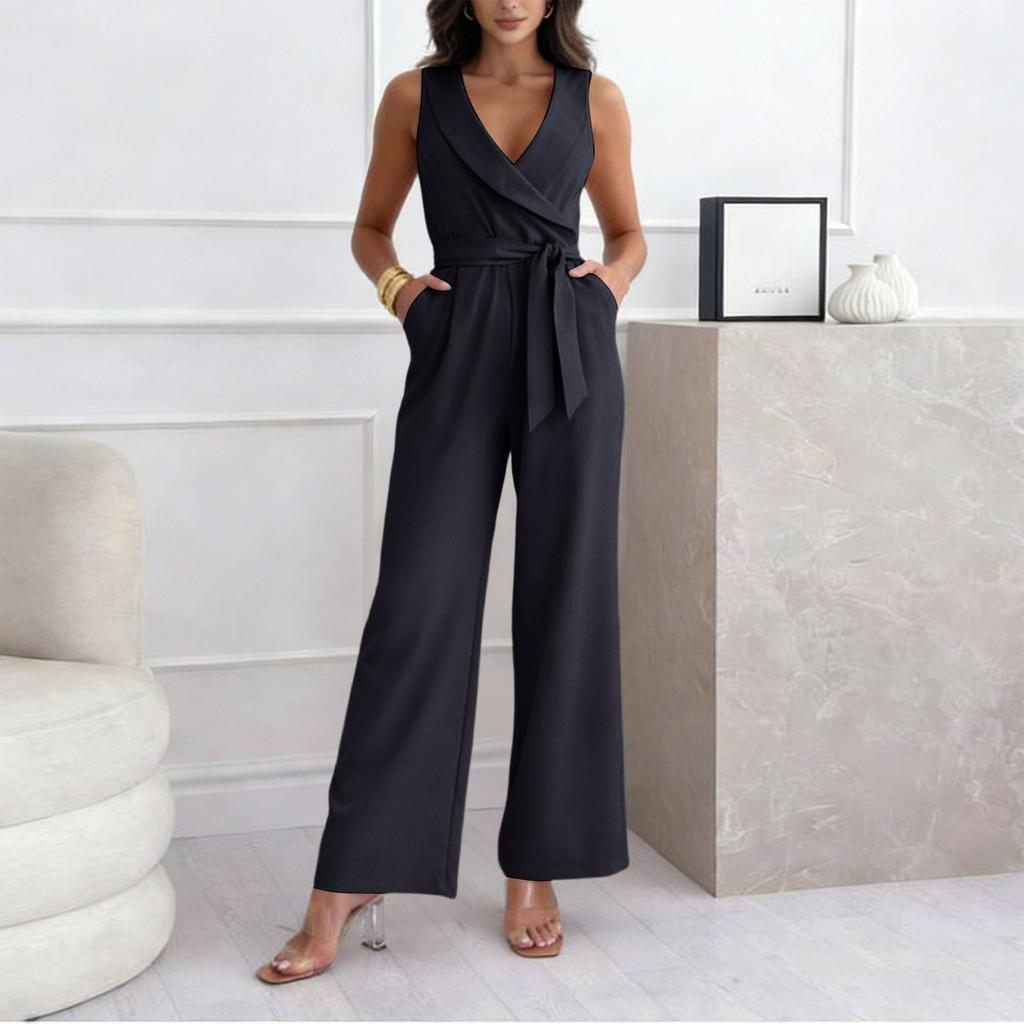 Women's Fashionable Casual High Waisted Wide Leg Tapered Jumpsuit With Tie Waist For Commuting