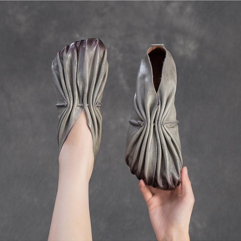 Johnature Retro Handmade Pleated Flats Genuine Leather Round Toe Soft Soled Lightweight Women's Slip-on Shoes
