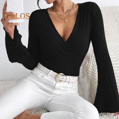 Damen Bluse mit V-Ausschnitt, ausgestellte Ärmel, schmale Passform, Strickoberteile, einfarbig, Herbst-Winter-Bluse