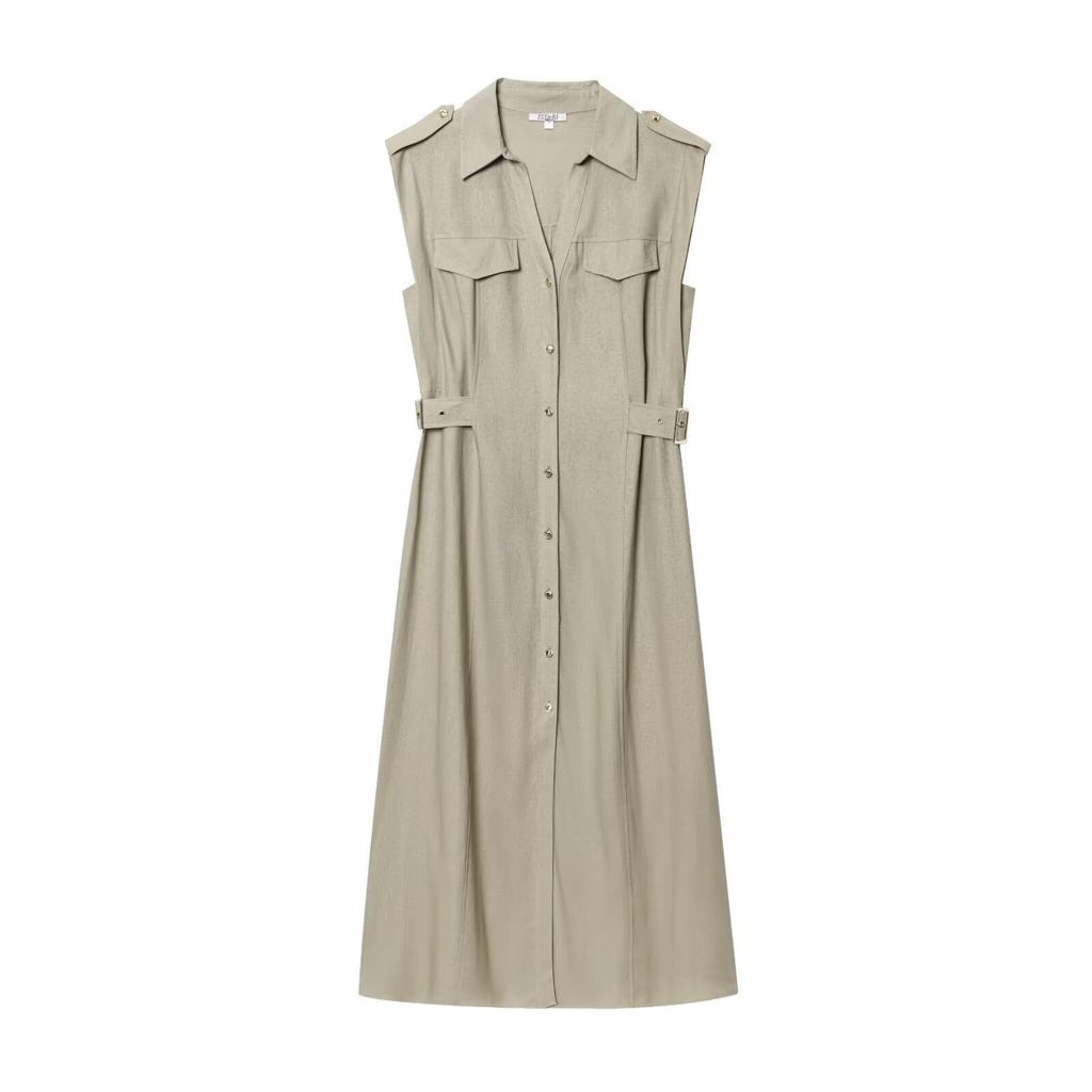 Women's Summer, European and American Style Fashion Temperament Single-breasted Linen Midi Dress