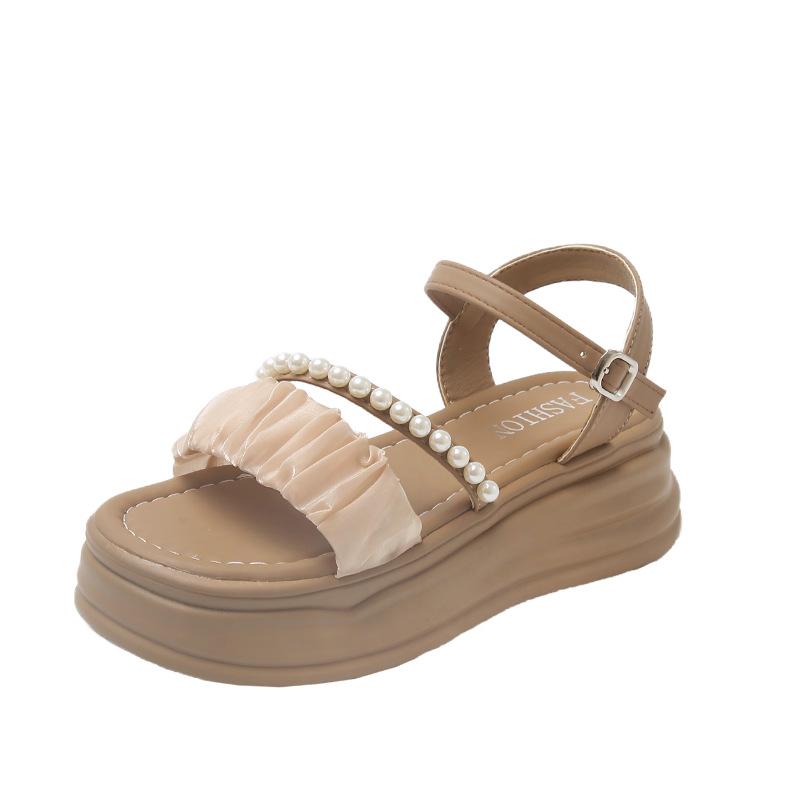 Thick Bottom Sandals Female Summer Fairy Pearl One Word Buckle Strap Beach Sandals Female Fashion Women Summer Shoes Breathable for Hot Weather
