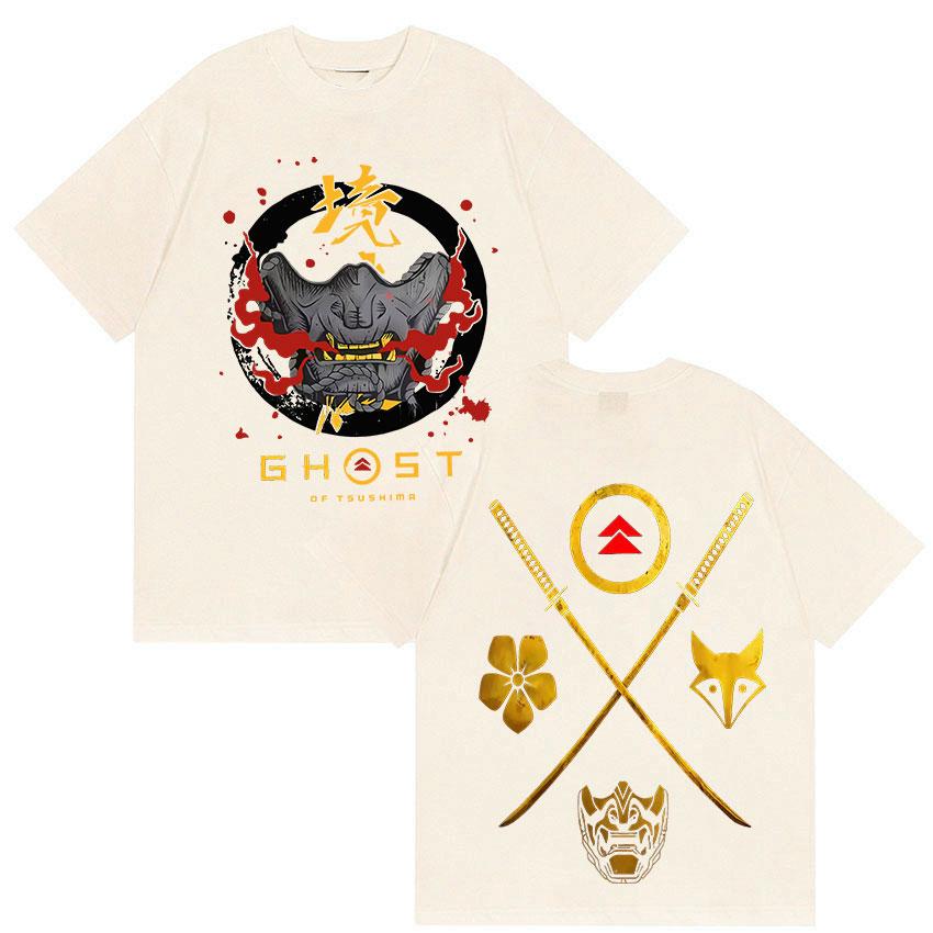 Japanese Game Ghost of Yotei Graphic 100%cotton Men's Shirt Ukiyo-e Style O-Neck Short Sleeve Women's Fashion Oversized Tshirt