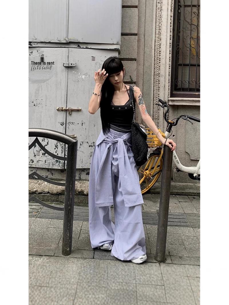 

Trendy High-Waist Striped Wide-Leg Layered Pants Small сірий колір