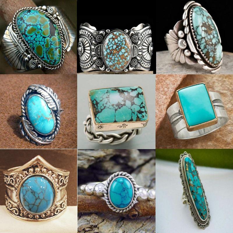 Vintage Bohemian Blue Plaid Turquoise Ring For Women Unique Fashion Statement Jewelry Band