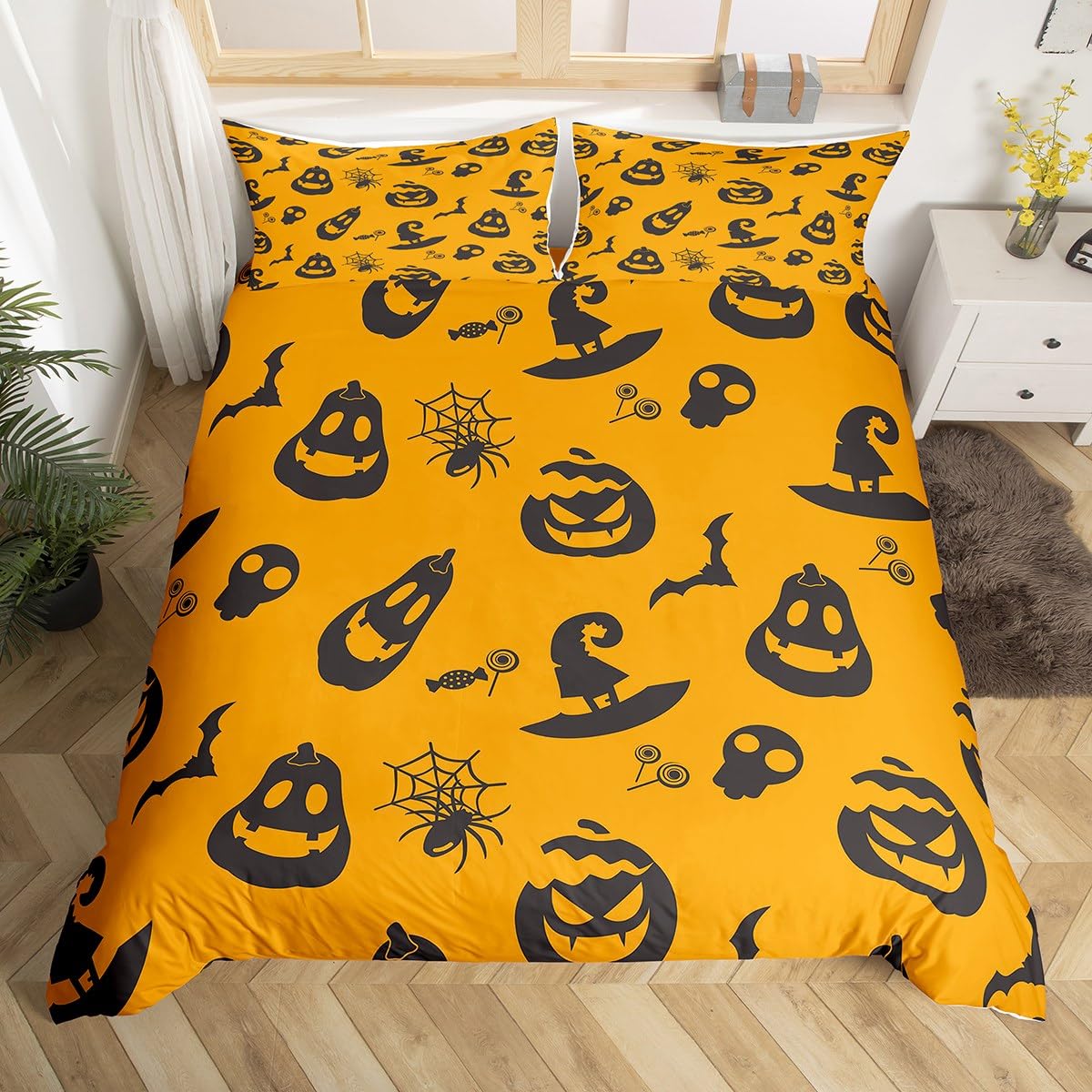 

Funny Ghost Duvet Cover Set Cartoon Cute Pumpkin Lantern Bedding Sets Full Queen,Gothic Witch Hat Comforter Cover Galaxy Bed Set EU Single(135x200cm)