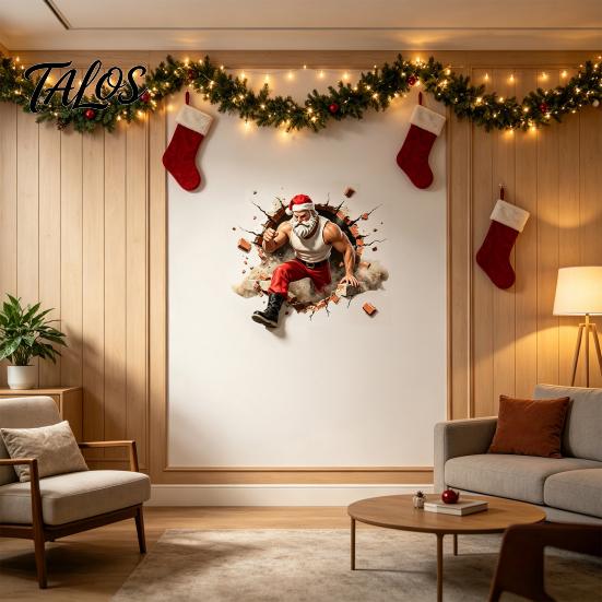 Festive Home Decorations Muscle Santa Claus Break Through Wall Christmas Decal, 3D Cracked Brick Creative Ornaments Self‑Adhesive Sticker,