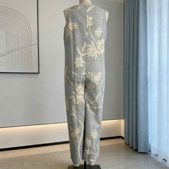 Women's Floral Printed Wide Leg Jumpsuit Sleeveless Button Front Romper Summer Casual Loose Overall with Pockets
