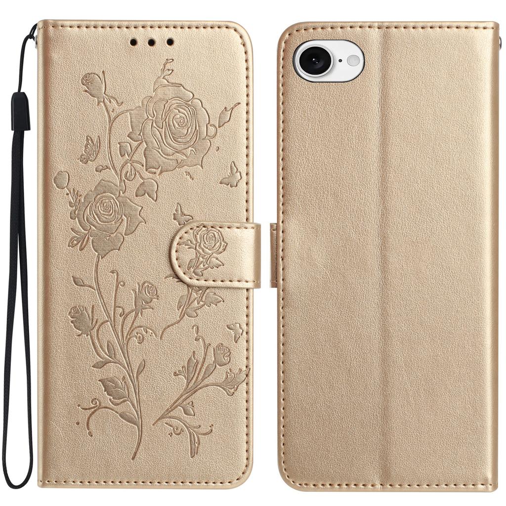 For iPhone 16e Wallet Case Rose Pattern Imprinted Leather Flip Stand Phone Cover