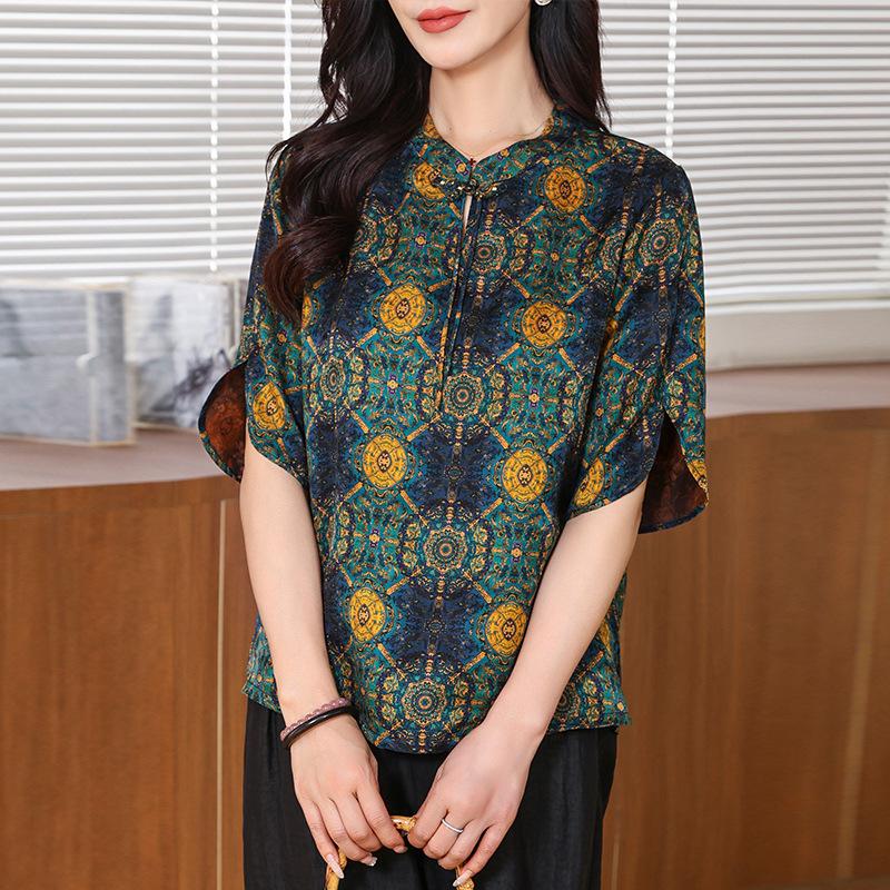 Hualuo Fragrant Cloud Yarn Shirt Mother Outfit Summer Retro Stand-up Collar Silk Shirt Medium Sleeve Silk Top Women