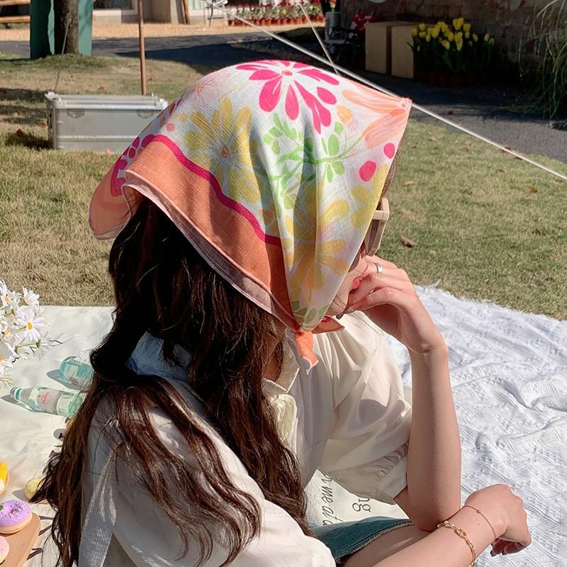 Eșarfă mică pătrată retro de țară, eșarfă artistică franțuzească din bumbac și in, eșarfă de cap pentru femei de primăvară și toamnă, vară, pentru umbră și protecție solară