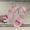 Sweet Pink Bowknot Rhinestones T-Strap Women Gladiator Sandals Summer Slingbacks Thin High heels Party Wedding shoes