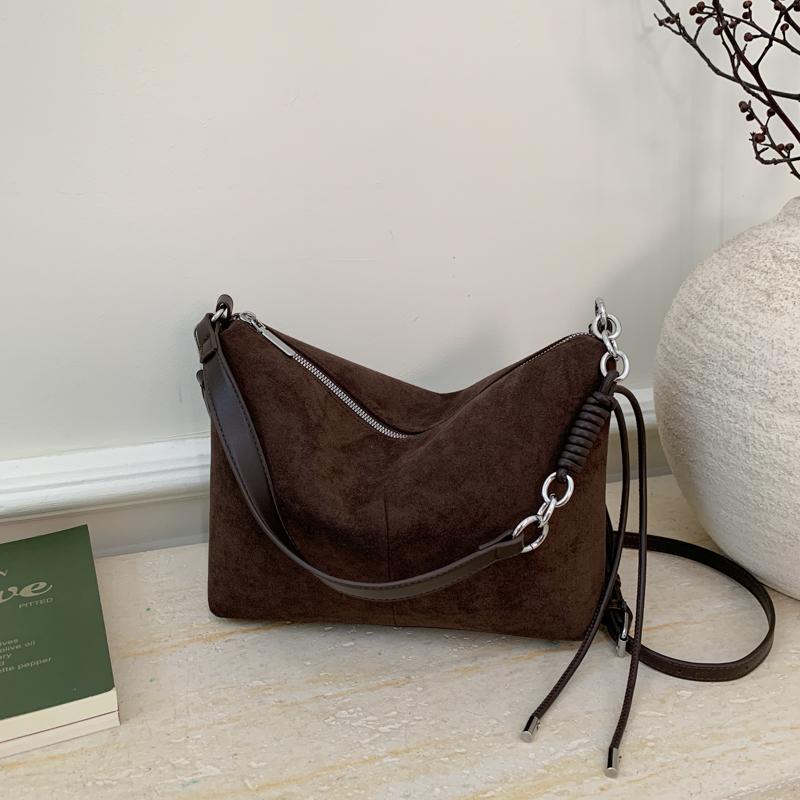 Retro Commuting Suede Shoulder Bag Women's Large Capacity Zipper Crossbody Pack Autumn Winter Trendy Square Khaki Handbags