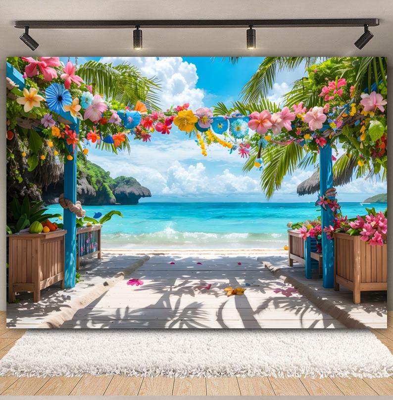 Summer Seaside Fruit Beach Palm Tree Theme Banner Background, Holiday Camping Party Decoration Photography Studio Backdrop Cloth