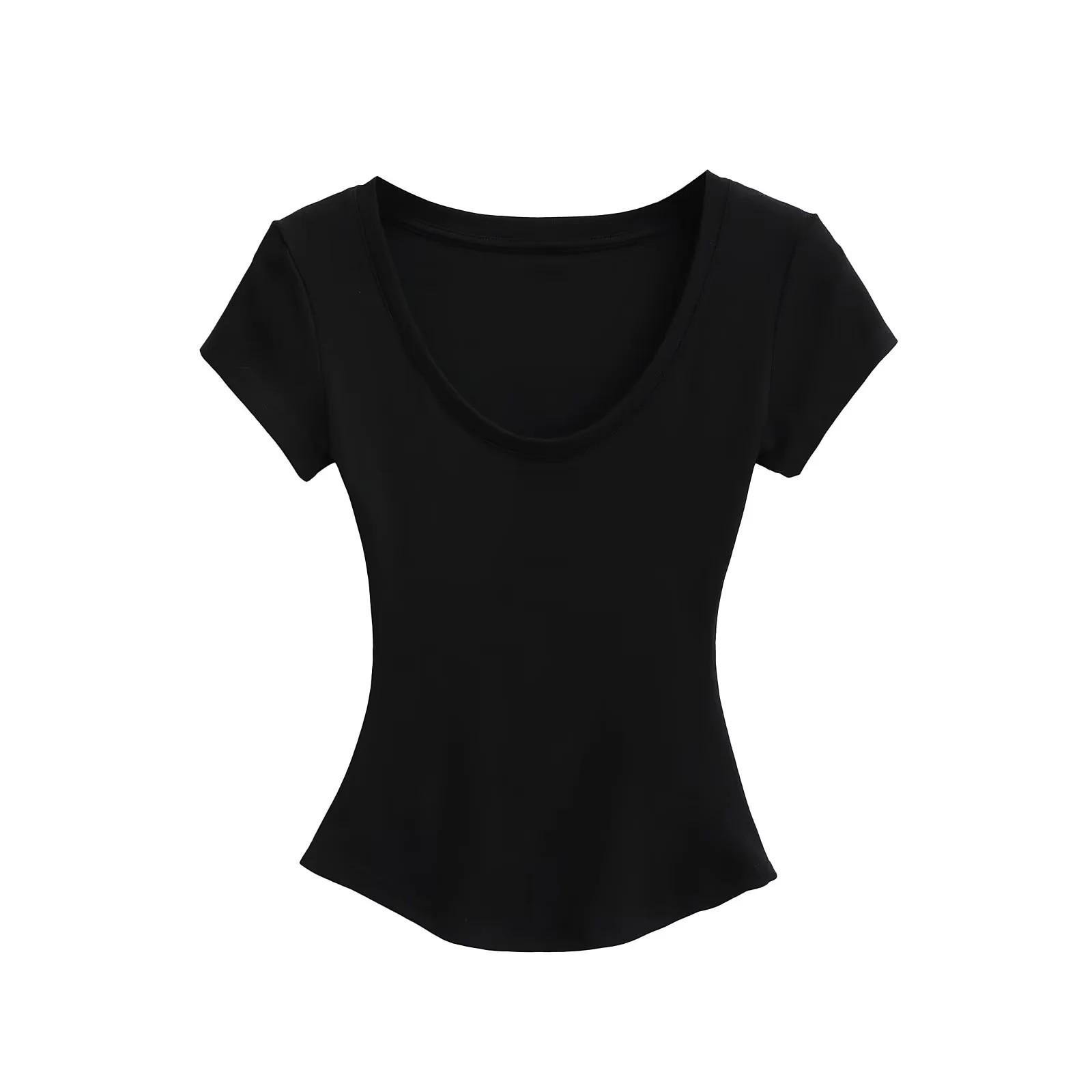 

Летняя женская футболка в европейском и американском стиле, сексуальная, с U-образным вырезом, приталенная, с коротким рукавом Small чёрный