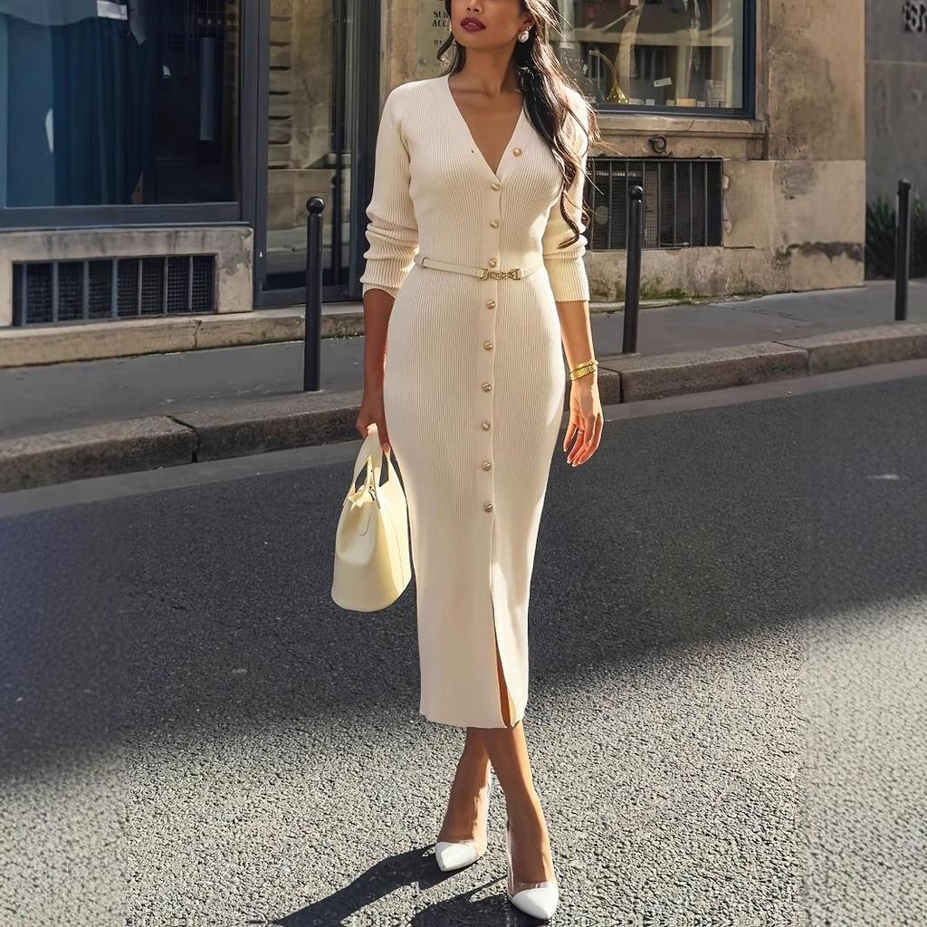 Elegantes europäisches und amerikanisches Damen-Strickkleid lang mit Knöpfen vorne und Gürtel