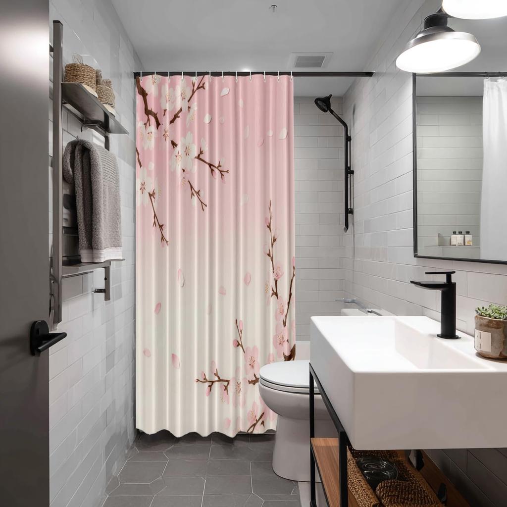 Pink Sakura Blossom Gradient Pattern Waterproof Shower Curtain 180x200 Spring Floral Print Bath Curtain for Romantic Home Decor